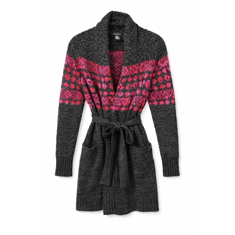 Eddie Bauer Fair Isle Belted Sweater Coat Cardigan Pink Wool Blend‎ Small